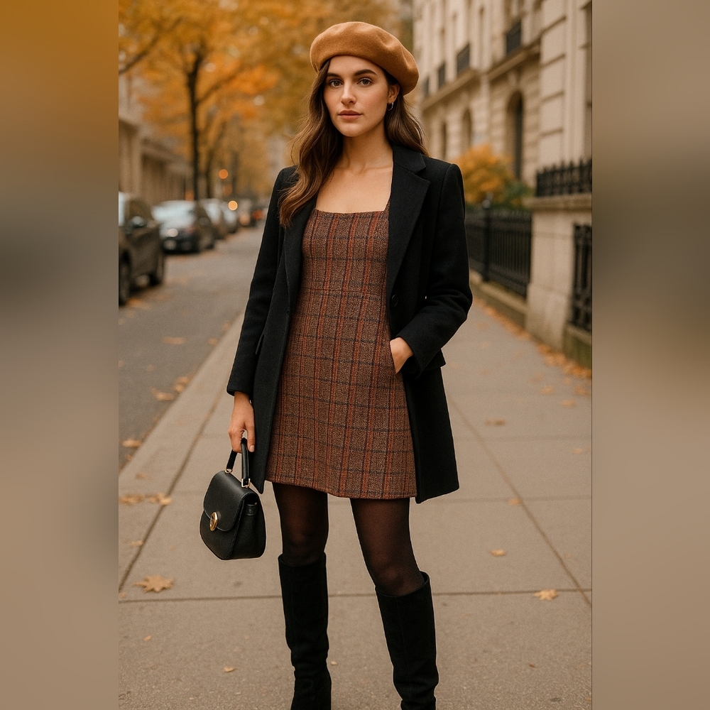 Free People Plaid Mini Dress in Brown and Tan